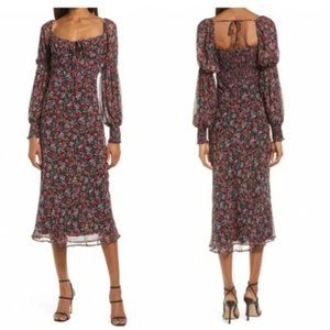 NWT Floret Studios (Nordstrom) Chiffon Black Floral Peasant Dress |  Large